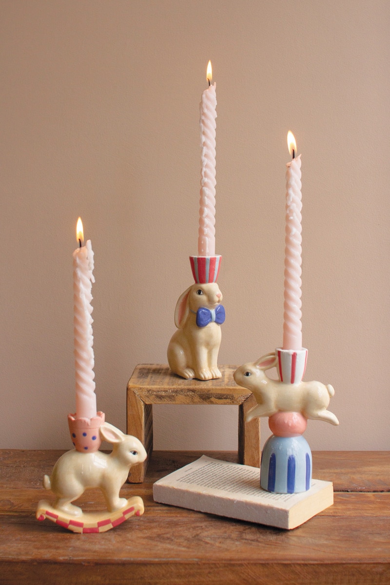 CWA1013K Ceramic Bunny Taper Candle Holders, Multi Color - Set of 3