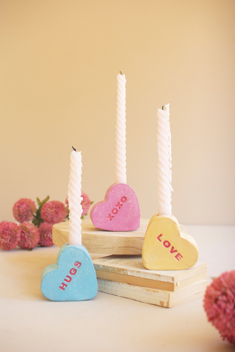 H4682K Clay Conversation Heart Candle Holders - Multi Color - Set of 3