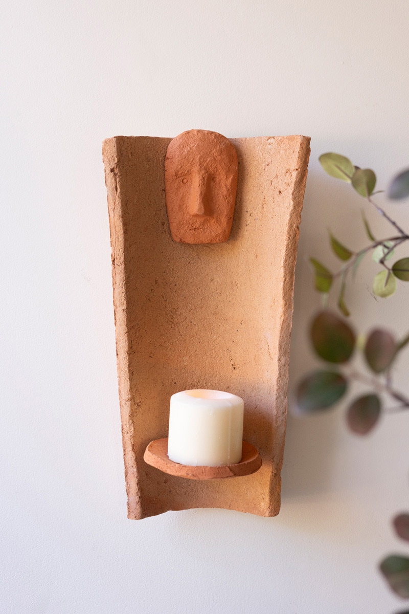 H4739K Clay Roofing Tile Candle Holder with Face - Orange