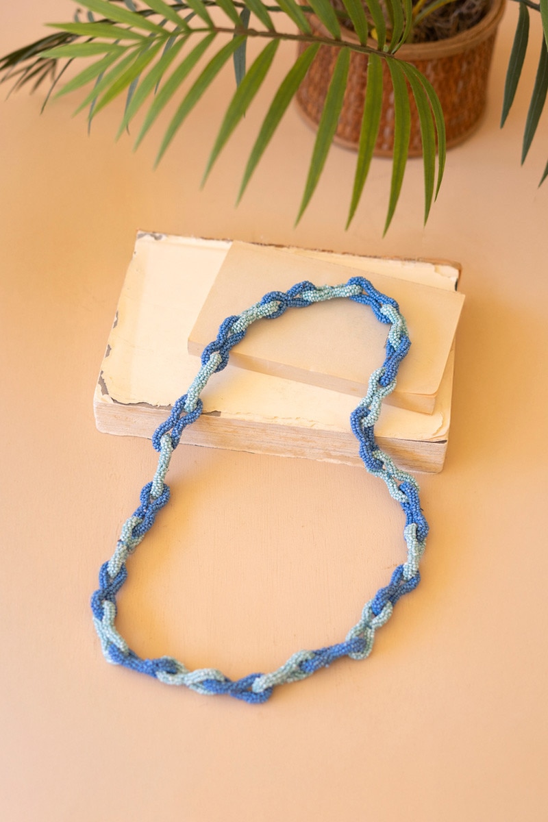 NBB1029K Seed Beaded Chain Necklace, Seaglass & Blueberry - Set of 2