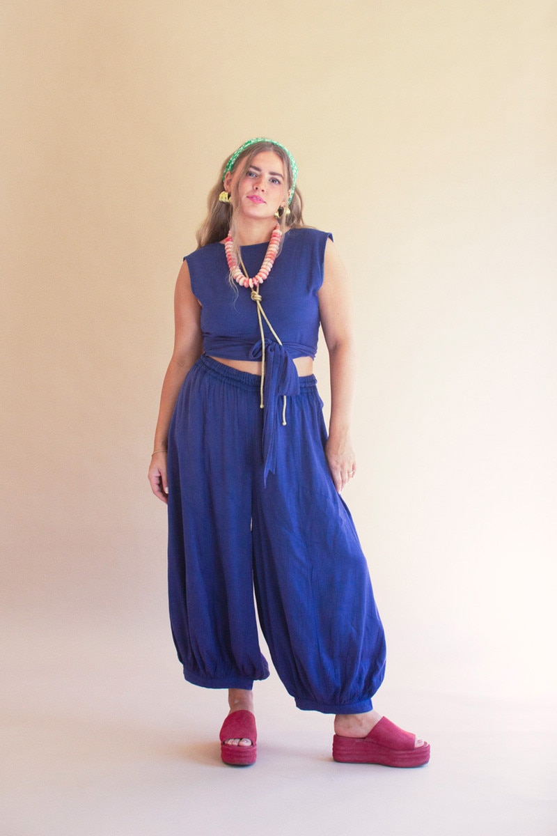 NELL1112K Rayon & Flax Challis Drawstring Balloon Blueberry Pants, Blue