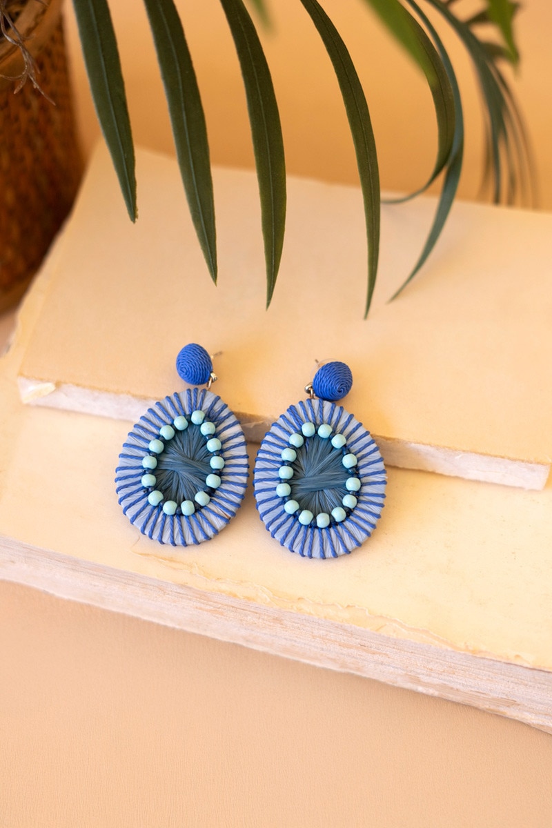 NGRA1182K Blueberry Raffia & Bead Earrings - Blue - Set of 2