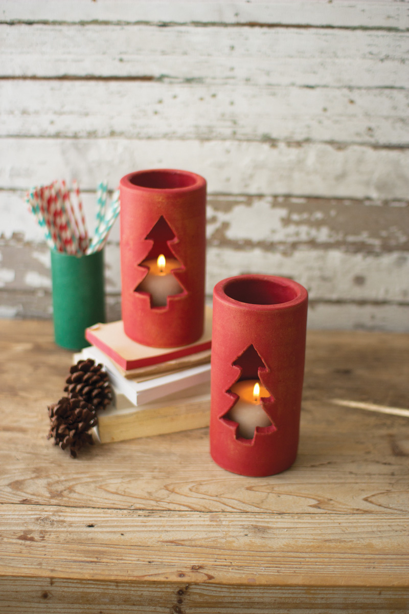 H3641 4 x 8 in. Clay Christmas Tree Luminary, Red - Case of 6