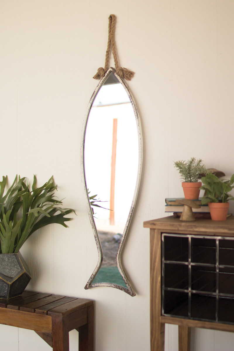 Vertical Fish Mirror - Nautical Design - 12.5 x 40 in. - Rope Hanger