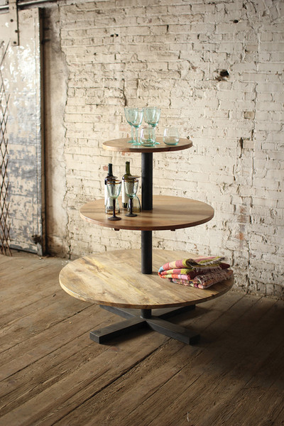NBH2209 Round Three-Tiered Mango Wood & Iron Display Tower, Multi Color