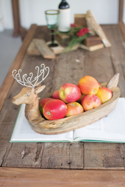 Picture of Kalalou NMAN1124 9.5 x 19.5 x 10.5 in. Hand Carved Mango Wood Reindeer Bowl with Metal Antlers, Natural