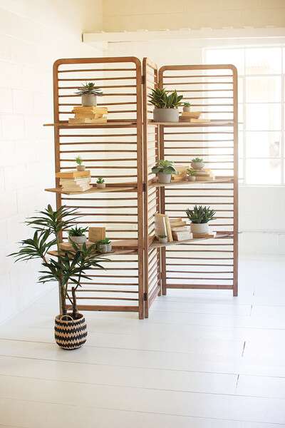 CJS1195 67.5 x 17.5 x 77.5 in. Folding Wooden Screen with Three Shelves, Natural -  Kalalou