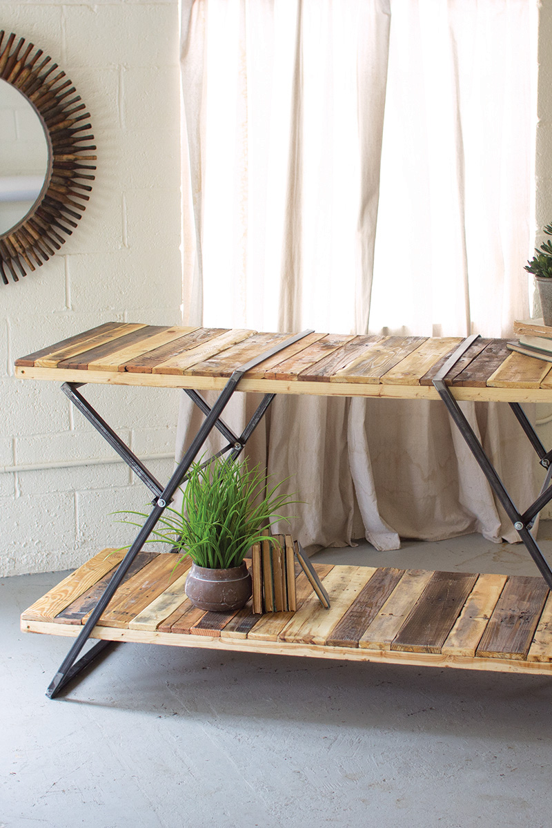 F5002 72 x 30 x 38 in. Reclaimed Wood Two Tiered Display Tables with Folding Iron Base