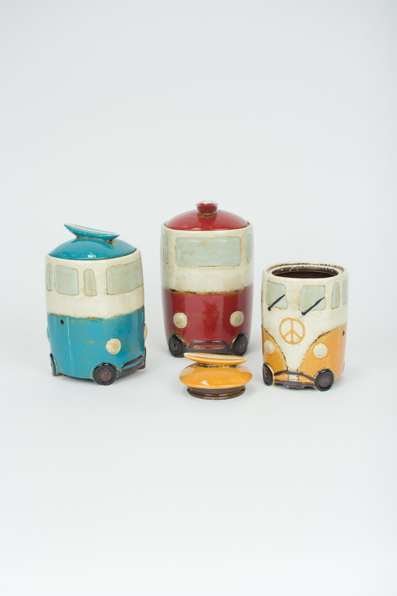 Ceramic Van Canisters with Surfboard Handles - Set of 3 - Unique Home Decor