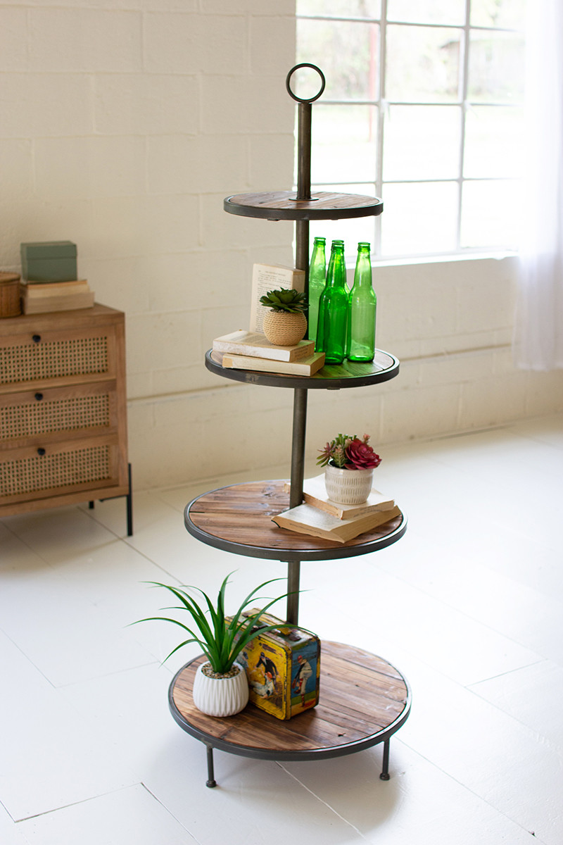 CLL2585 Four Tiered Recycled Wood & Metal Display Tower, Raw