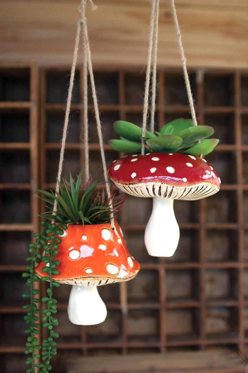 CDV2147 Ceramic Toadstool Hanging Planters, Red & Orange - Set of 2