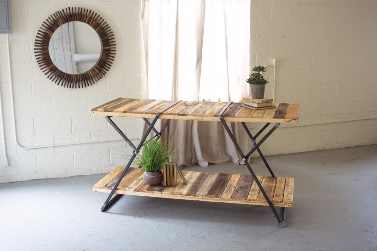 F5002B Wood 2-Tiered Display Table with Folding Iron Base, Grey