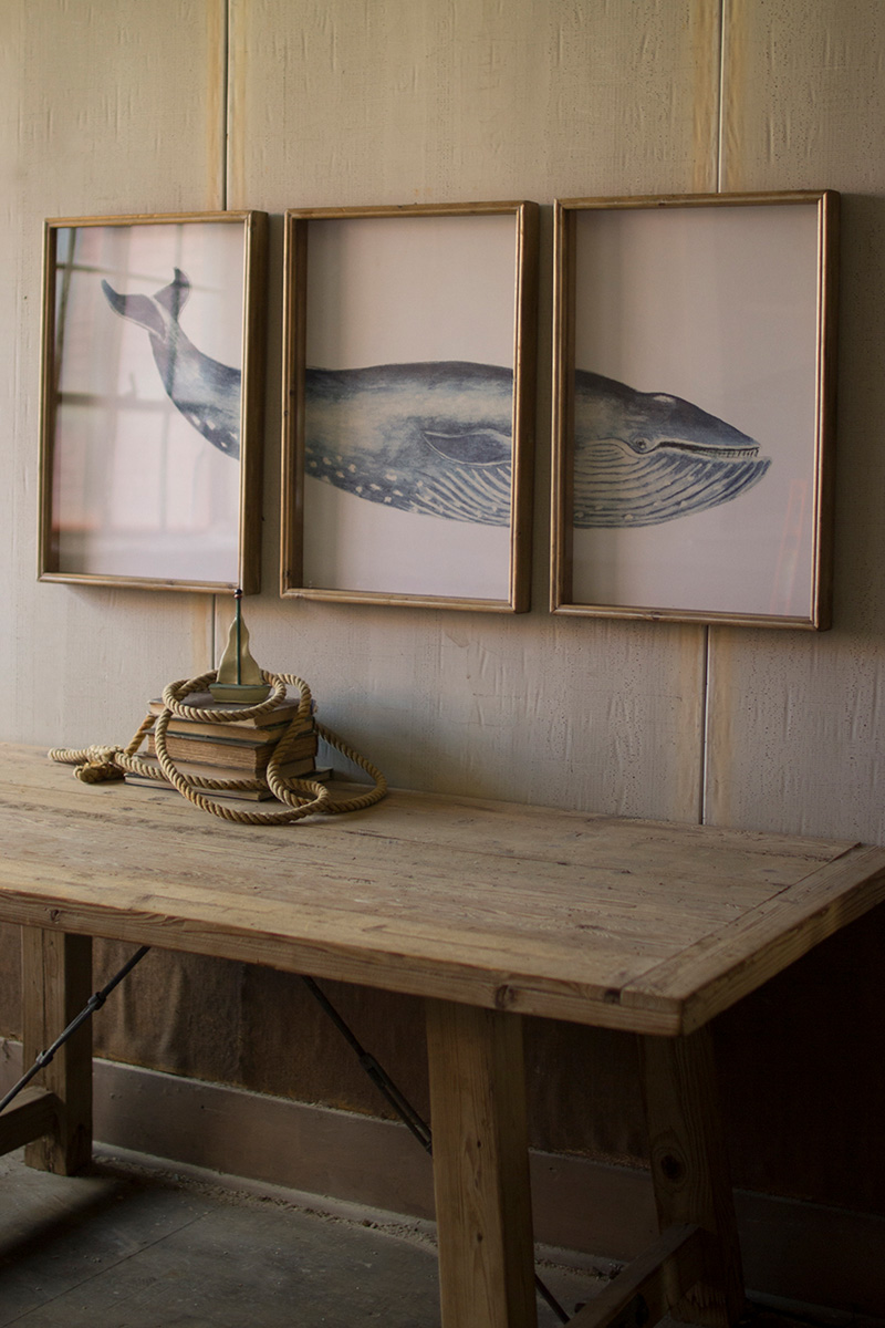 18 x 26 in. Triptych Whale Print Under Glass Framed Art