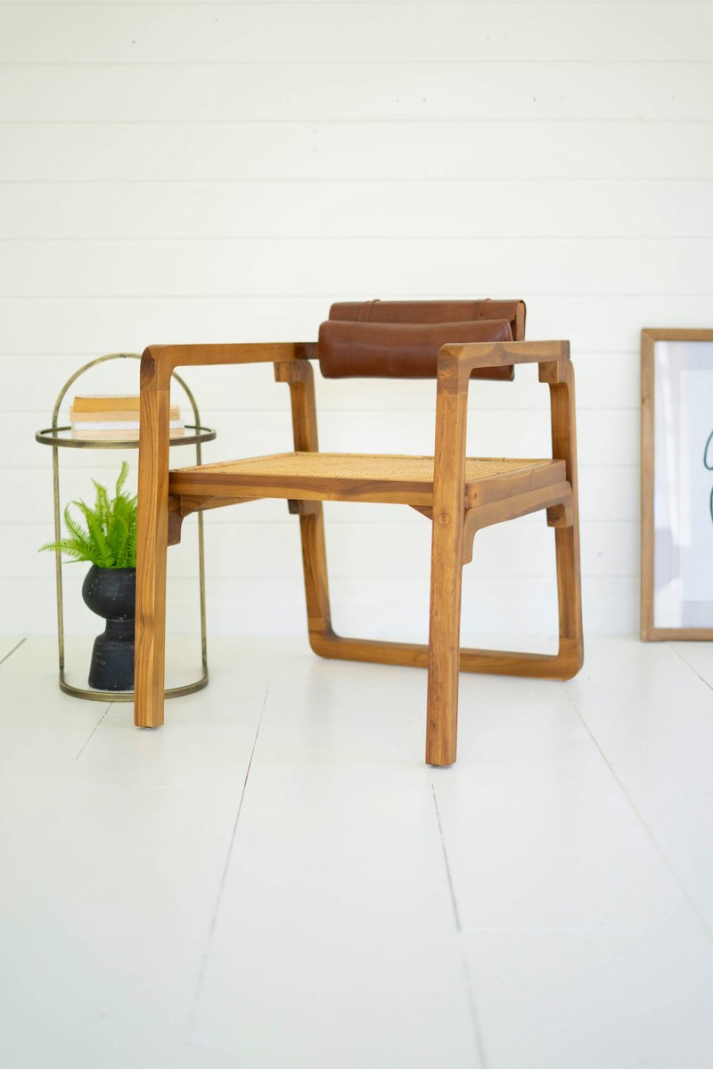 DAQ1014 Bent Teak Arm Chair with Woven Seat & Leather Pad -  Kalalou