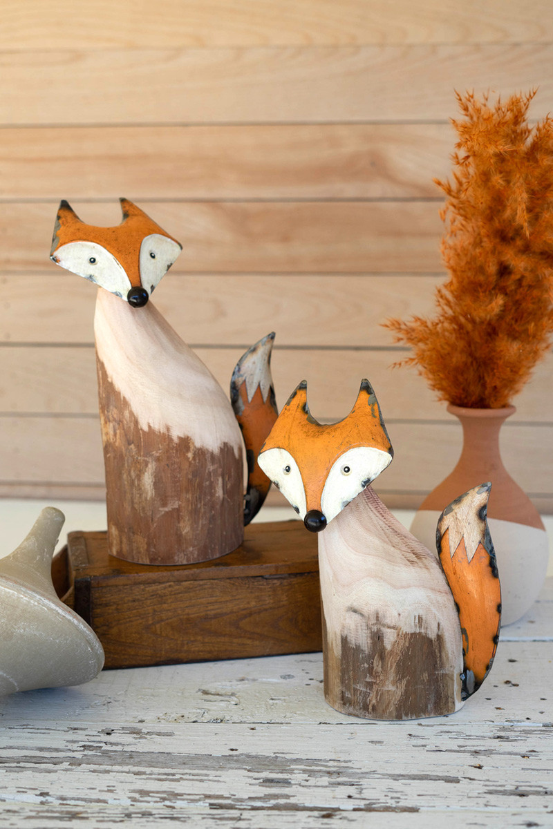 NBA2440 Recycled Wood & Iron Foxes, Multi Color - Set of 2