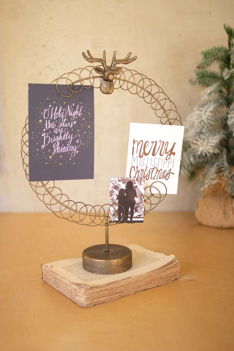CLL2711K Round Wire Christmas Card Holder on a Stand - Gold