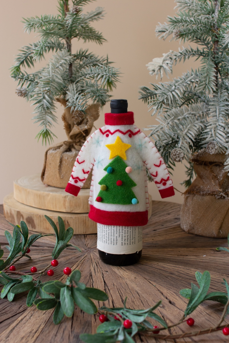 Picture of Kalalou CHB2369 Felt Christmas Tree Sweater Bottle Topper&#44; Multi Color
