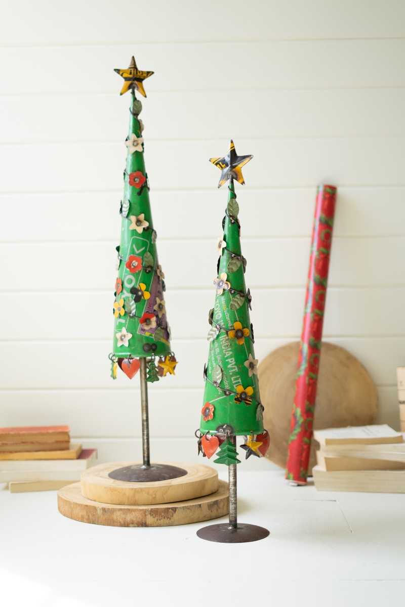 NTM1377 Recycled Iron Christmas Trees, Multi Color - Set of 2