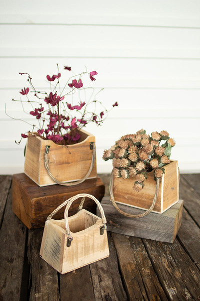 CCHA1017K Rustic Recycled Wood Hand Bag Planters, Natural