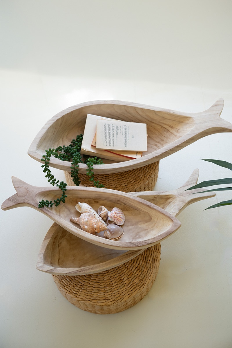Picture of Kalalou CHUY1019 Carved Wood Fish Bowls, Tan - Set of 3