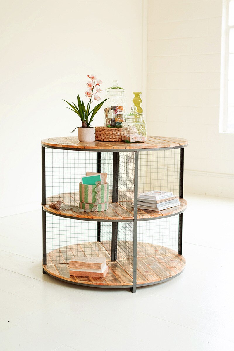 CQ7626 Round Iron & Wood Three-Tiered Display Unit, Gray