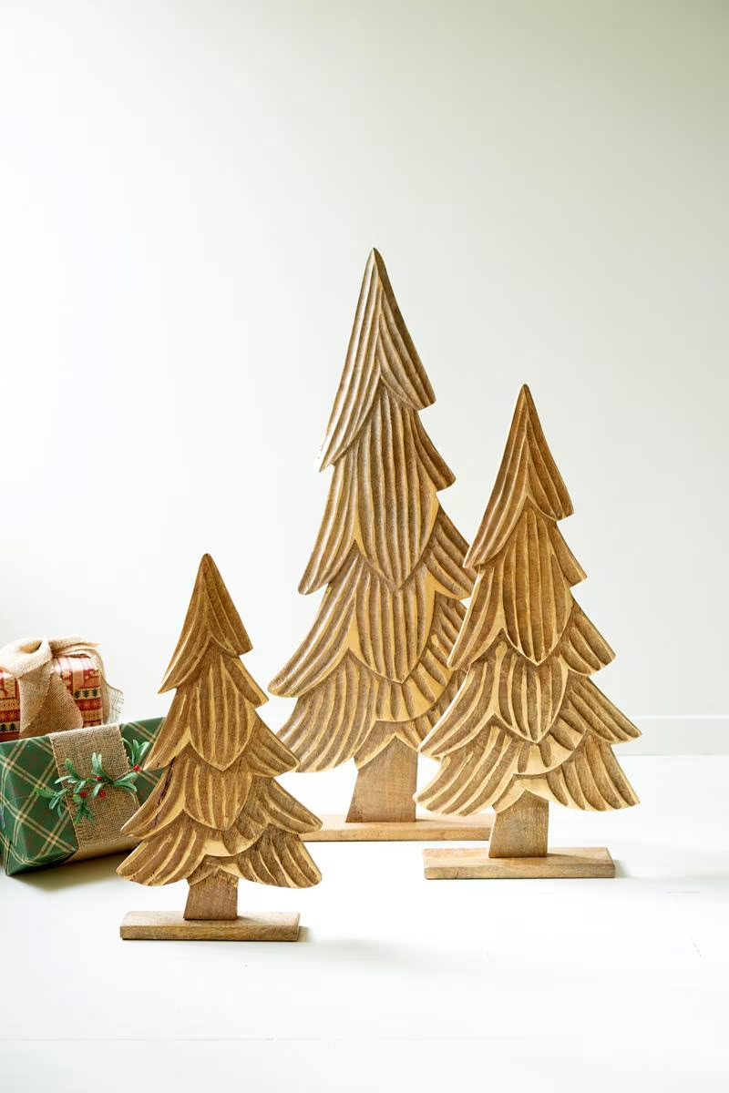 NASH1026 Carved Natural Mango Wood Christmas Trees with Gold Detail - Brown - Set of 3