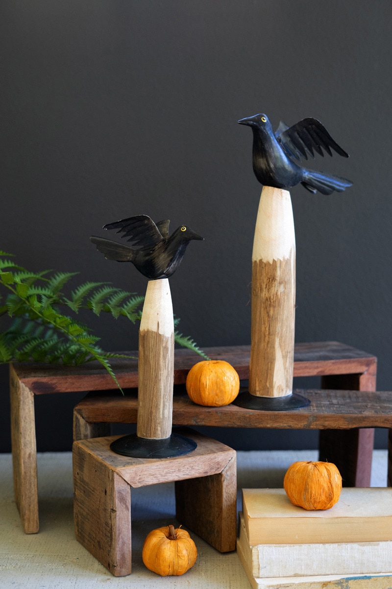 NBA2482 Iron Crows on Wooden Bases, Multi Color - Set of 2
