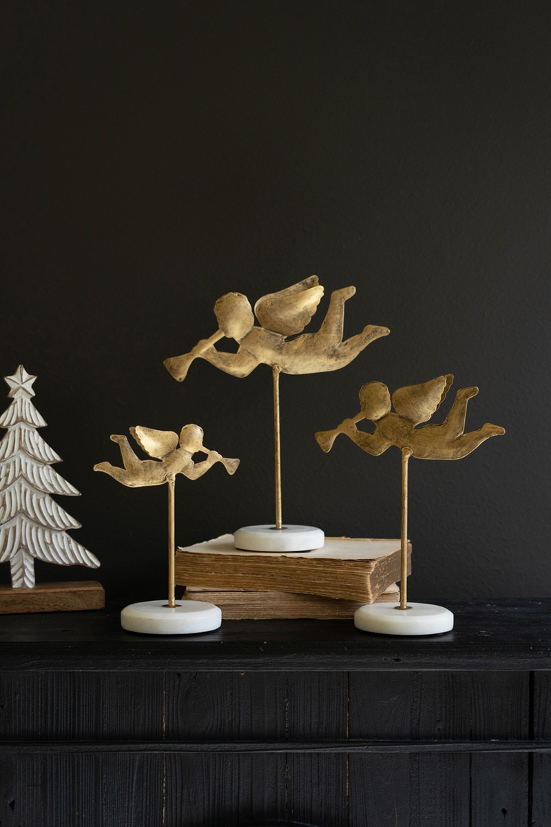 NNV1242K Tabletop Angels on Marble Bases, Gold - Set of 3