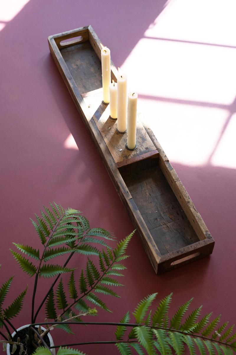 NMCC1366 Recycled Wooden Tray with Four Taper Candle Holders, Brown