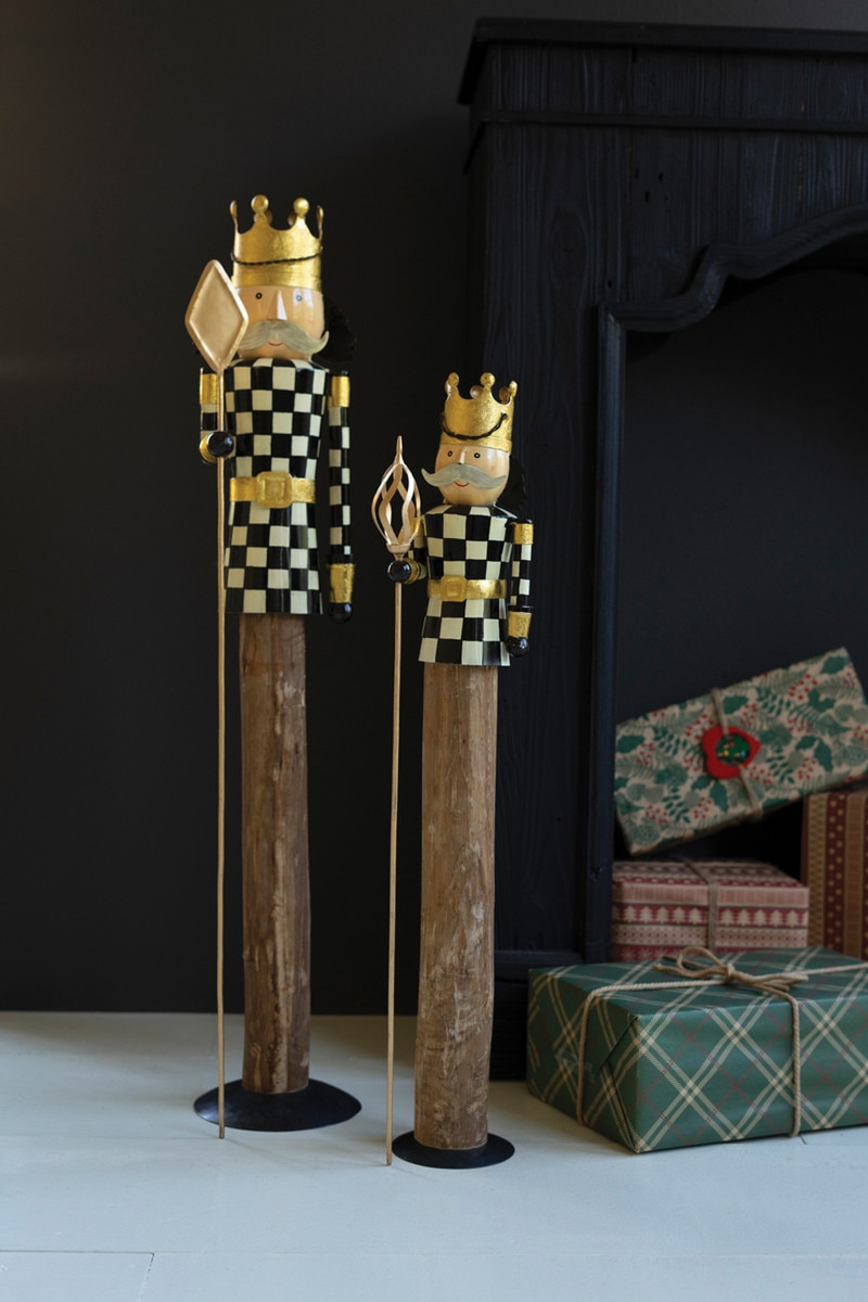 NBA2513 Painted Metal & Wood Checkerboard Nutcrackers, Multi Color - Set of 2