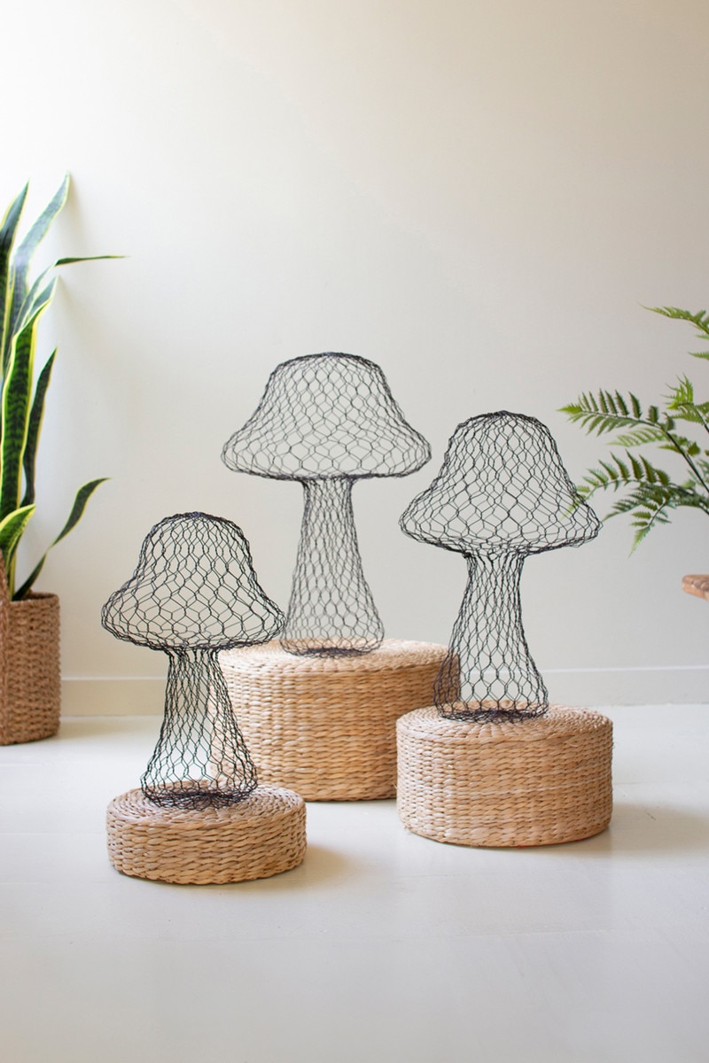 NKE1357 Wire Mushrooms, Brown - Set of 3