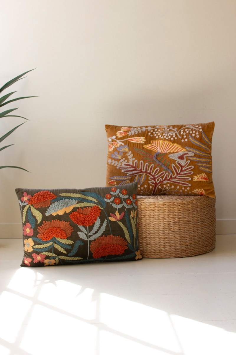 NNF1054 Embroidery Pillows with Flowers, Multi Color - Set of 2