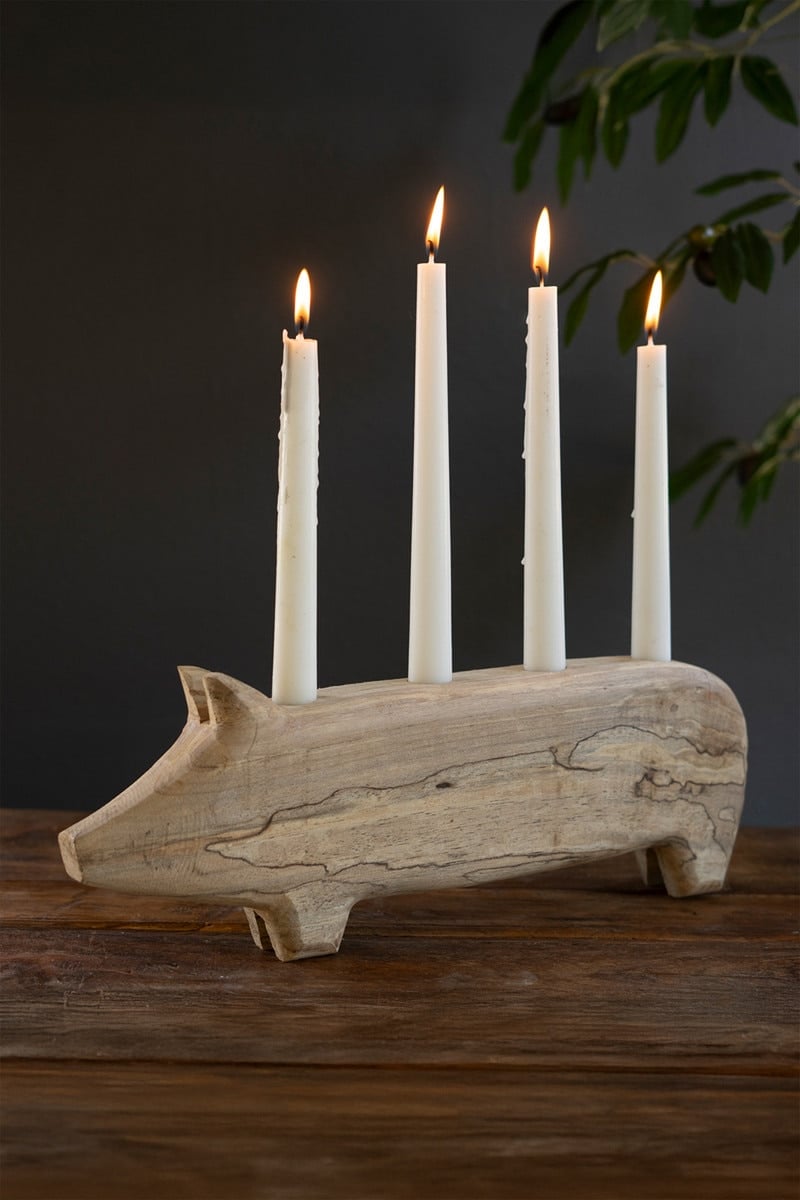 Picture of Kalalou CHF1027K Hand Carved Wooden Pig Candelabra with 4 Candle Holders