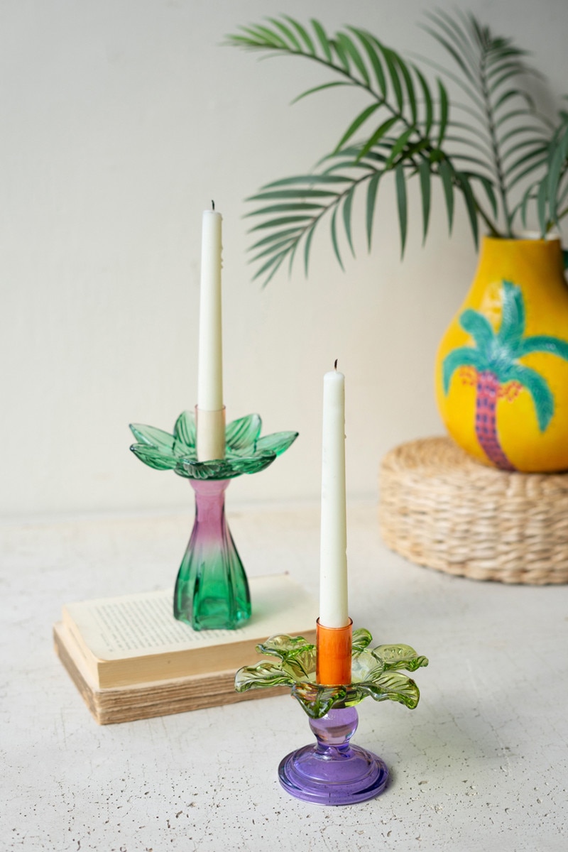 Picture of Kalalou CNA2089K Colored Glass Flower Taper Candle Holders&#44; Small & Large - Set of 2