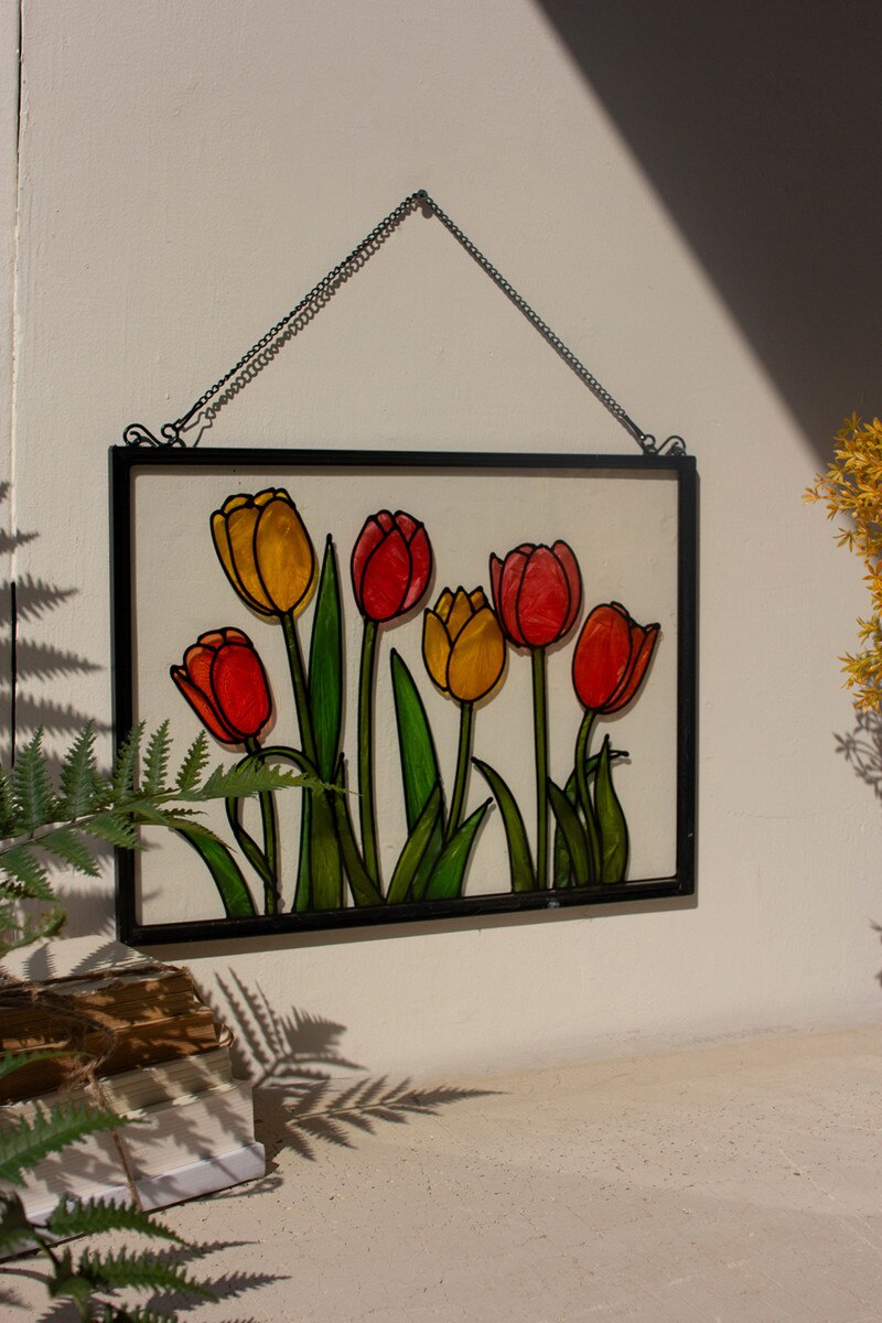 Picture of Kalalou CVY1470 Framed Stained Glass Flowers Wall Hanging - Multi Color