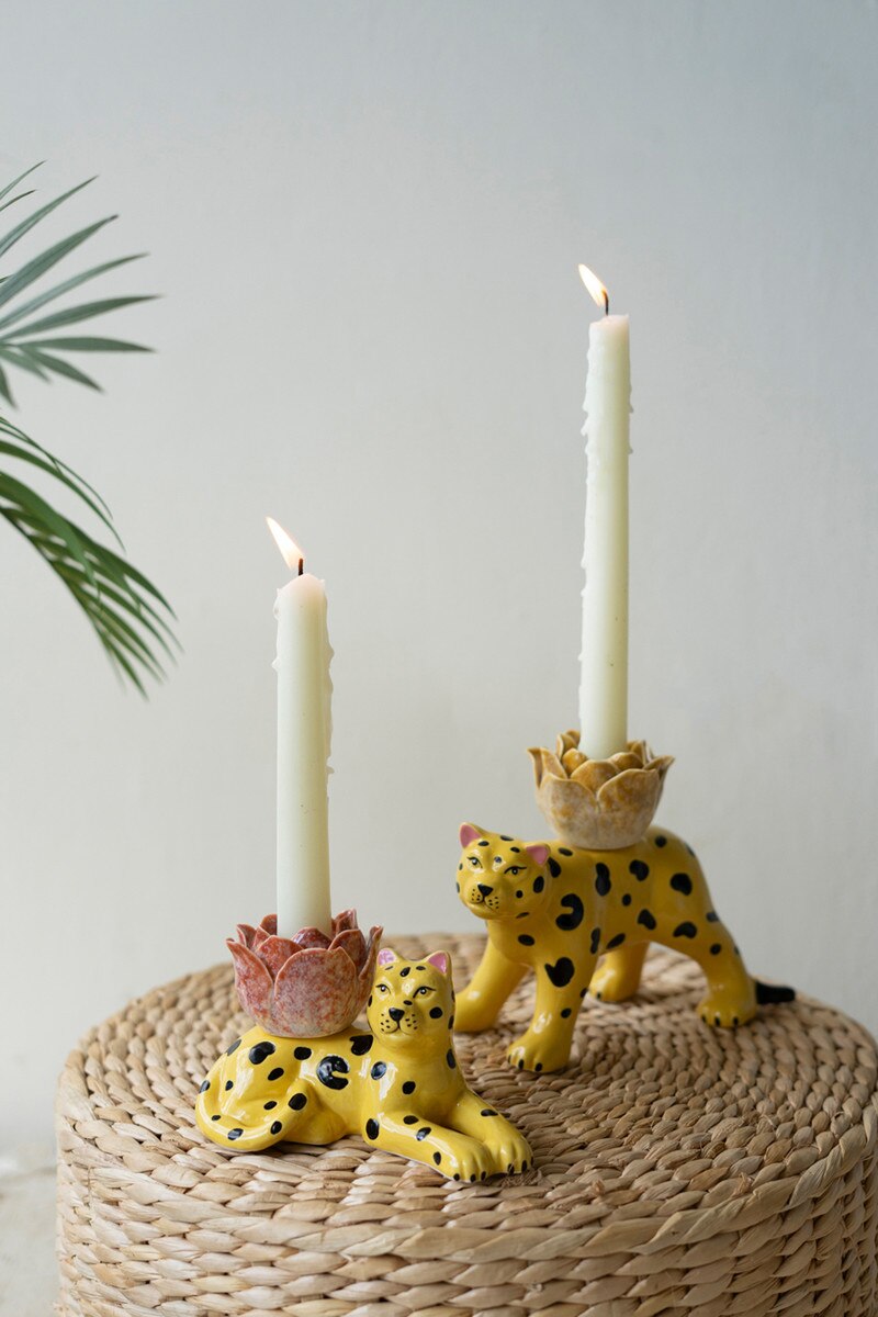 Picture of Kalalou CNA2090K Ceramic Cheetah Taper Candle Holders&#44; Multi Color - Small & Large - Set of 2