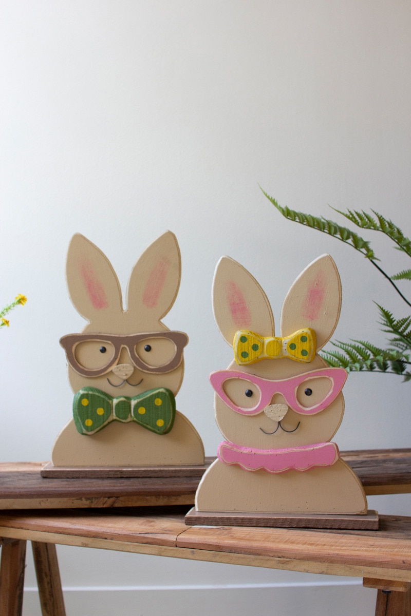 Picture of Kalalou CMG1166 Painted Wood Easter Bunnies with Glasses&#44; Multi Color - Set of 2