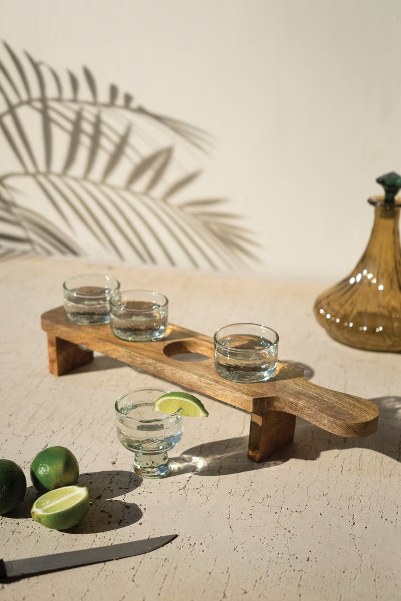 Picture of Kalalou NGLE1010 Tequila Flight with Four Glasses on a Wooden Tray - Multi Color