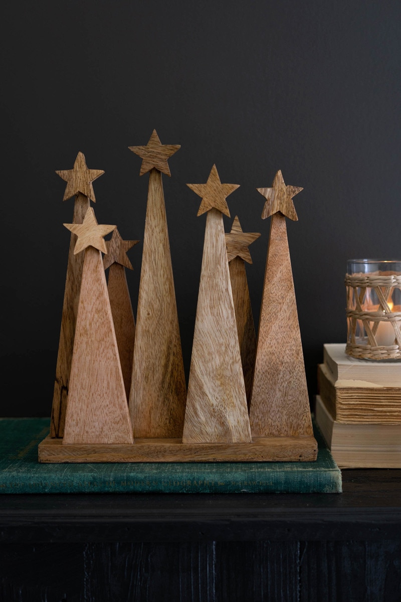 Picture of Kalalou NGLC1035K Seven Wooden Christmas Trees on a Base&#44; Brown