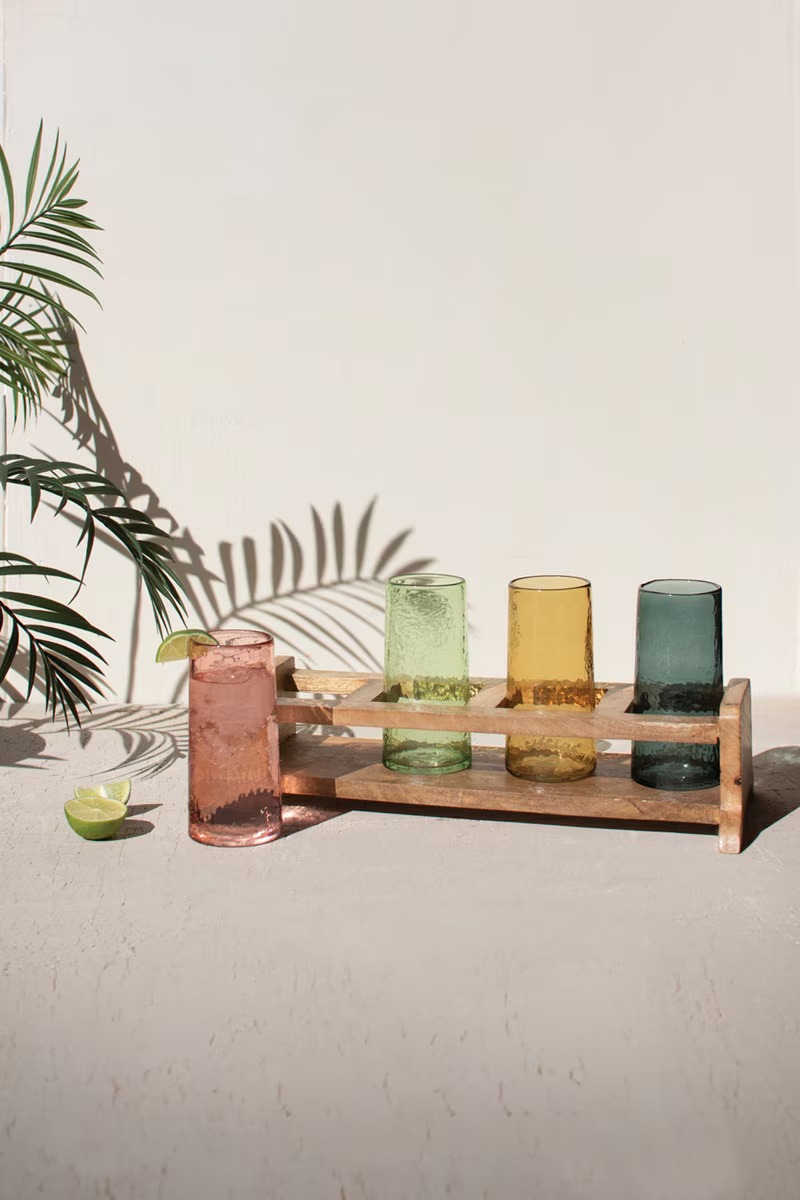 Picture of Kalalou NGLE1011 Four Cocktail Glasses with Wooden Tray - Multi Color