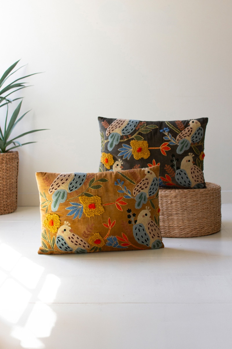NNF1053 Embroidery Pillows with Birds, Multi Color - Set of 2