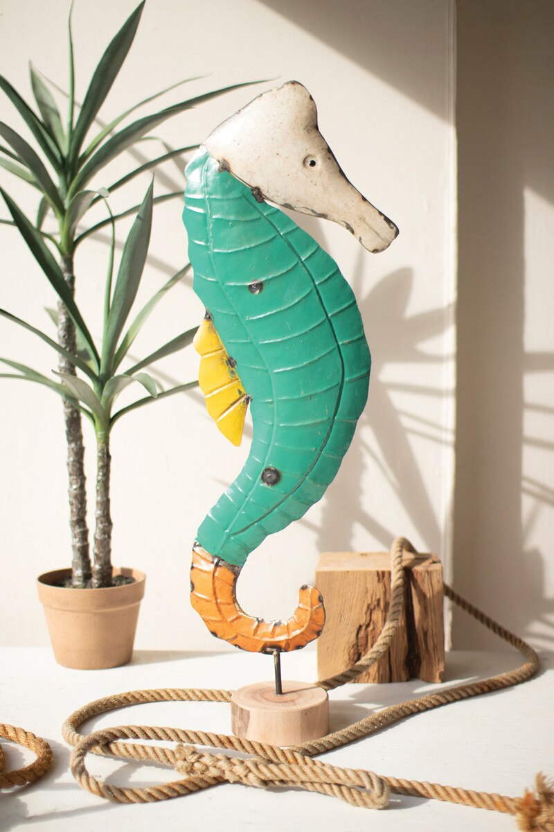 Picture of Kalalou NBA2506 Recycled Iron Seahorse On Wooden Base&#44; Multi Color