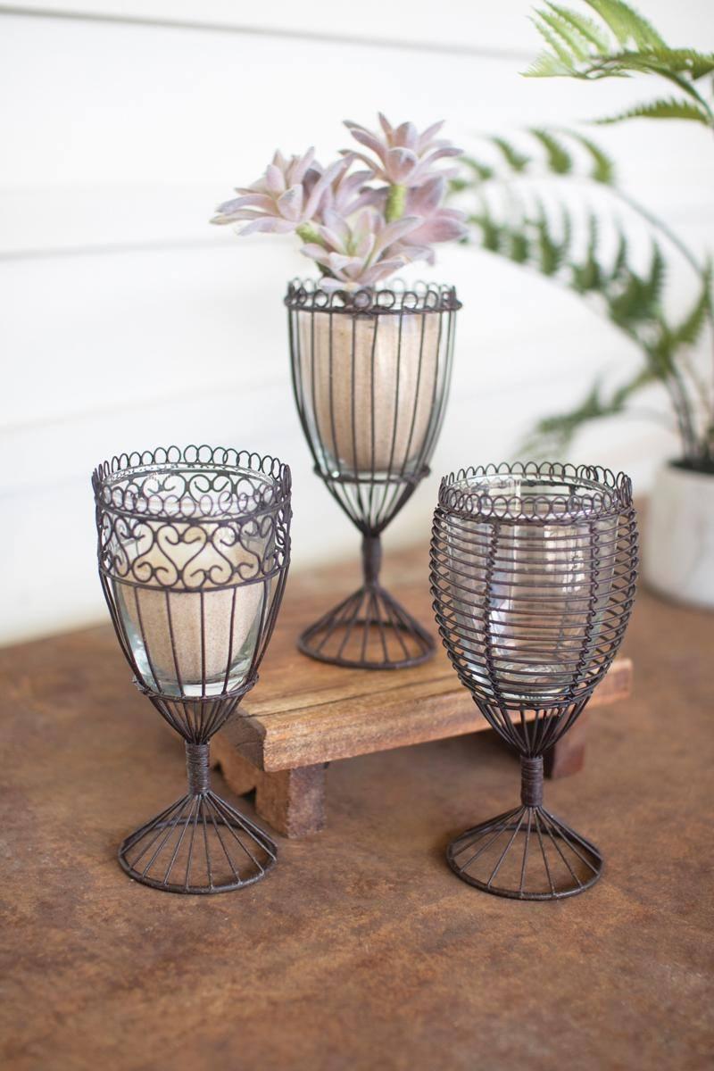 Picture of Kalalou NKE1359 Wire & Glass Candle Compotes&#44; Brown - Set of 3
