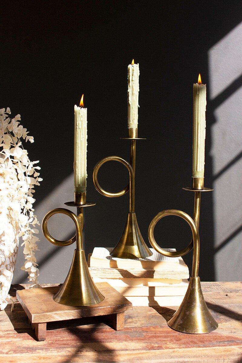 Picture of Kalalou NMP1207K Antique Brass Trumpet Taper Candle Holders&#44; Gold - Set of 3