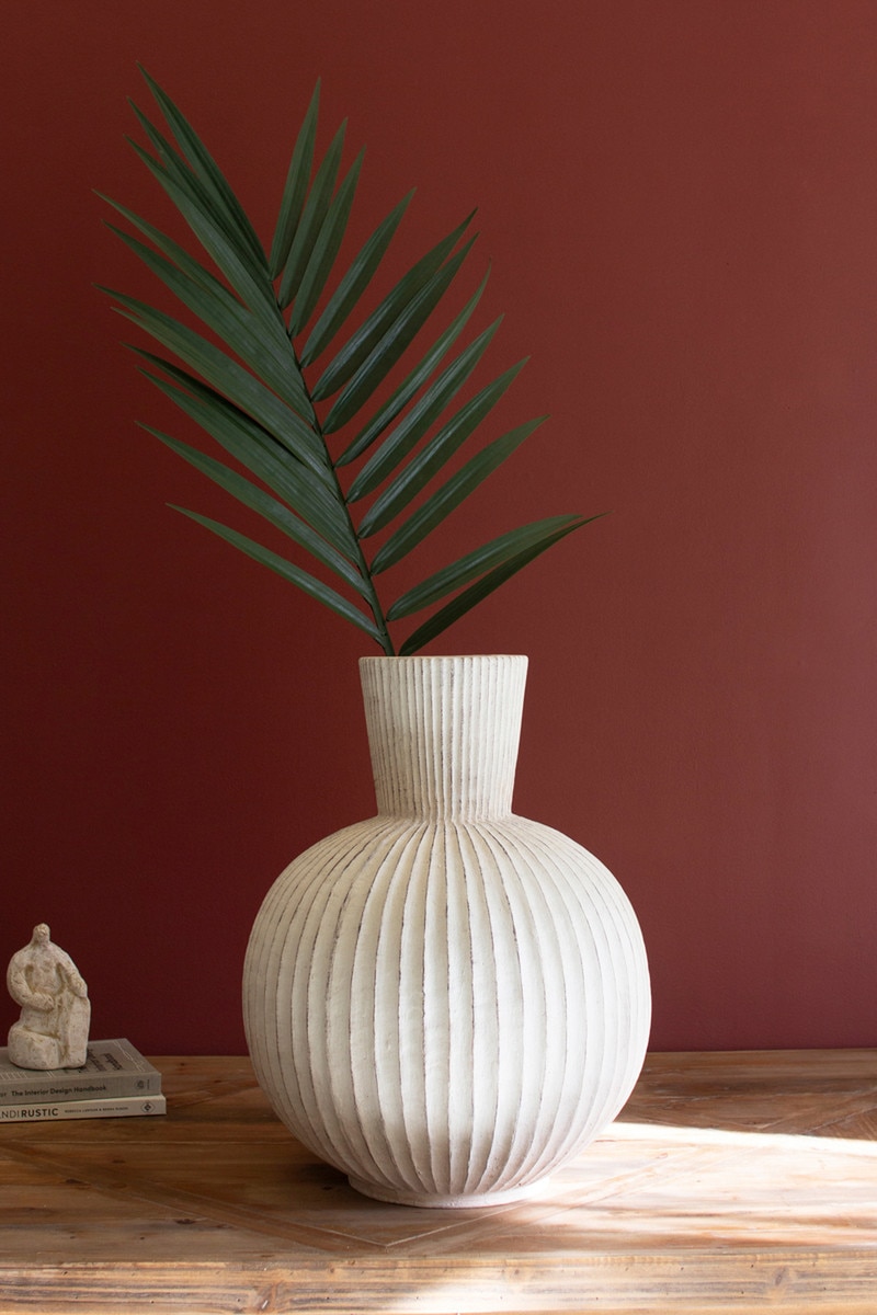 CHR1065 Tall Stone Composite Fluted Bulb Vase, White