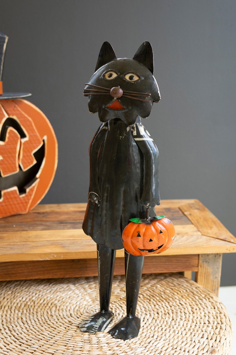 NTM1415 Recycled Iron Standing Black Halloween Cat Holding Pumpkin, Multi Color