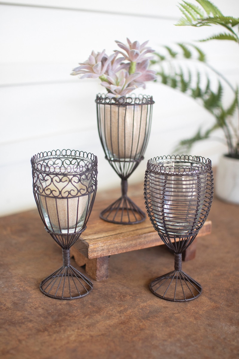 Picture of Kalalou NKE1359K 3 x 7 in. Wire & Glass Candle Compotes&#44; Brown - Set of 3