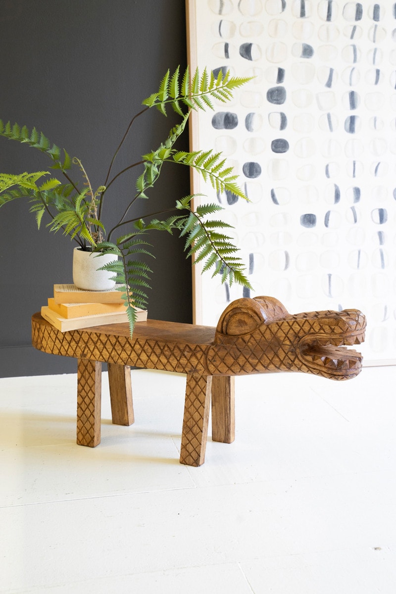 DWA1052 Carved Teakwood Crocodile Bench - Brown