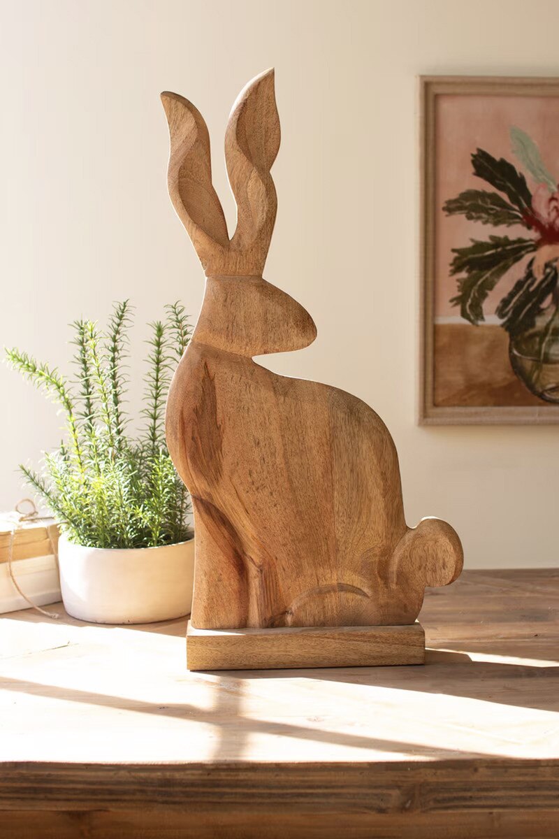 NASH1049 Tall Carved Wood Rabbit On A Stand, Natural & White