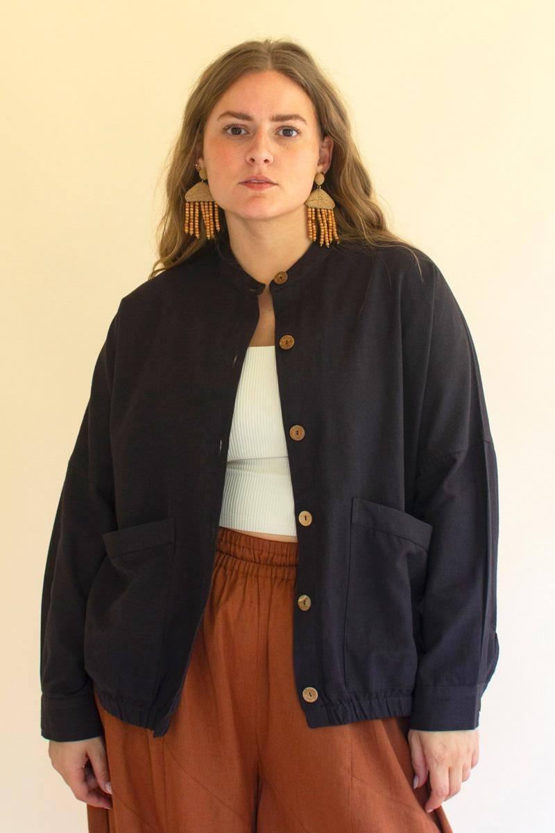 NELL1032 23 in. Lightweight Button-Front Bomber Jacket with Front Pockets, Midnight
